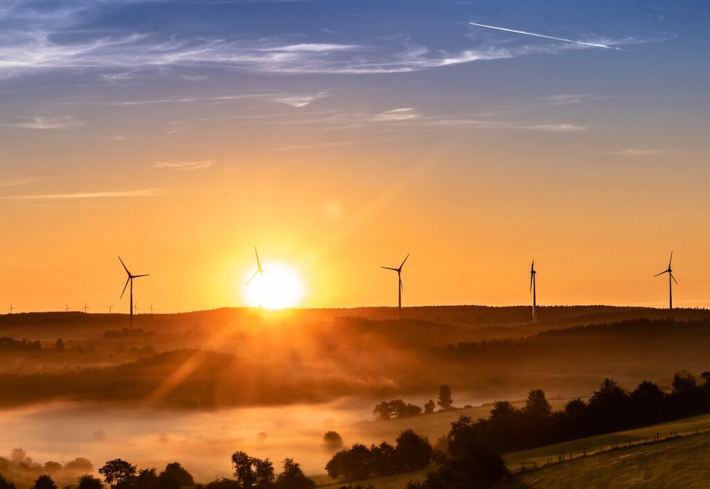 sunrise, wind farm, wind park, wind power plant, nature, windmills, wind turbines, wind energy, renewable energy, morning mist, sunlight, landscape