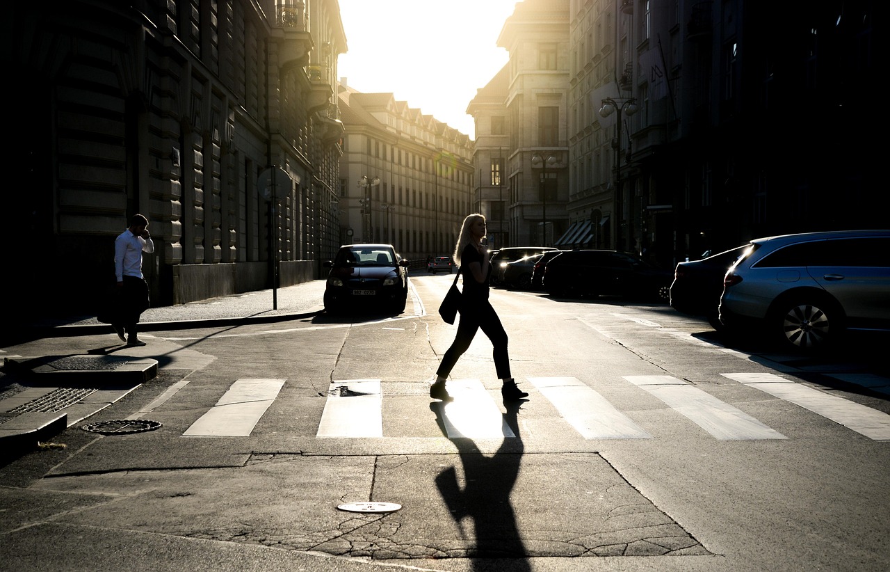zebra, path, traffic, street, safety, crossing, outdoors, asphalt, people, black-and-white, walkway, woman, man, shadow, walk, walking, nature, light, sun, yellow, prague, summer