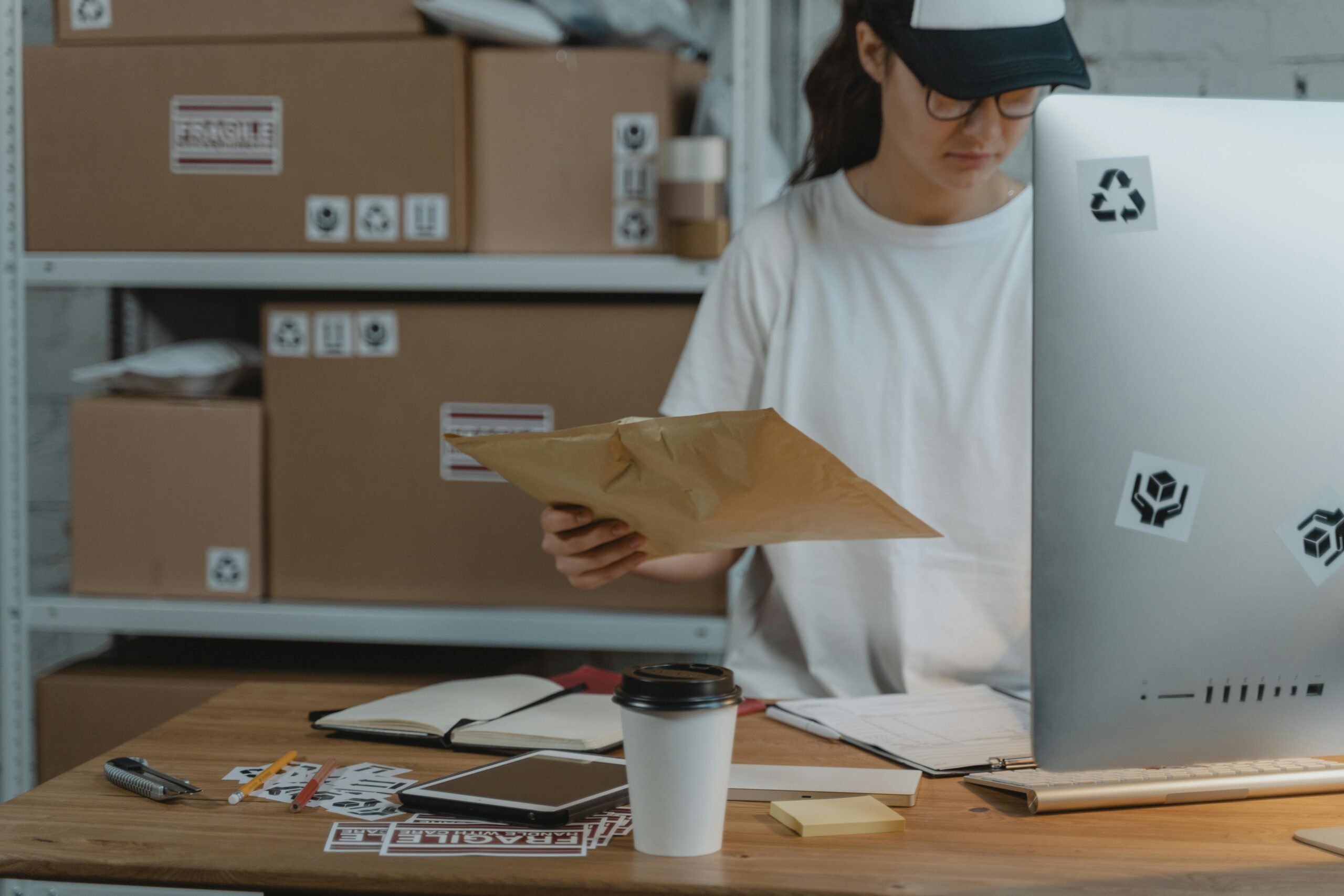 pexels-photo-6170188-6170188 Woman sorting parcels at her desk in a logistics office, demonstrating efficient workspace organization.