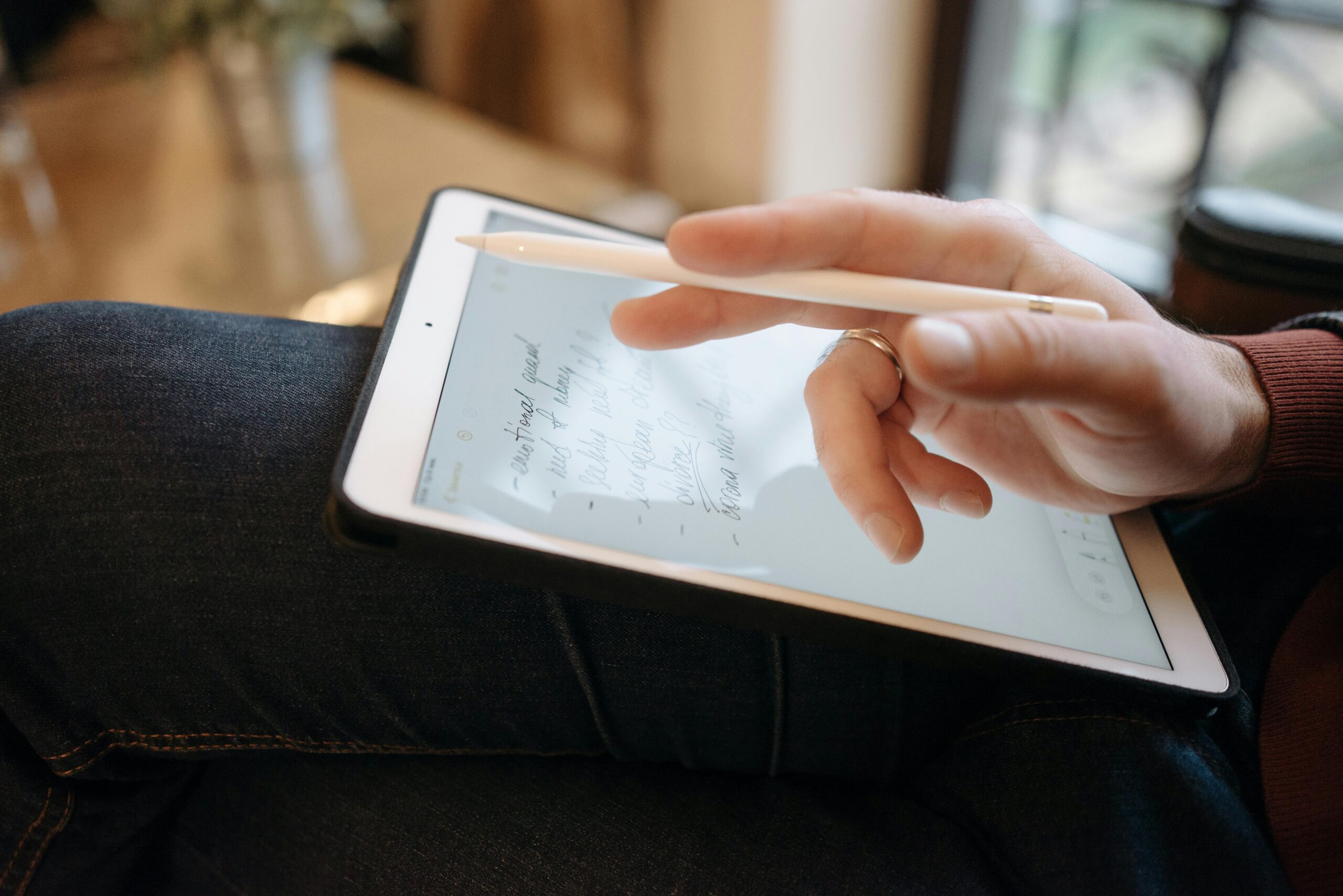 pexels-photo-6712481-6712481 Close-up of a hand holding a stylus, writing on a tablet, featuring handwritten notes. Ideal for digital creativity concepts.
