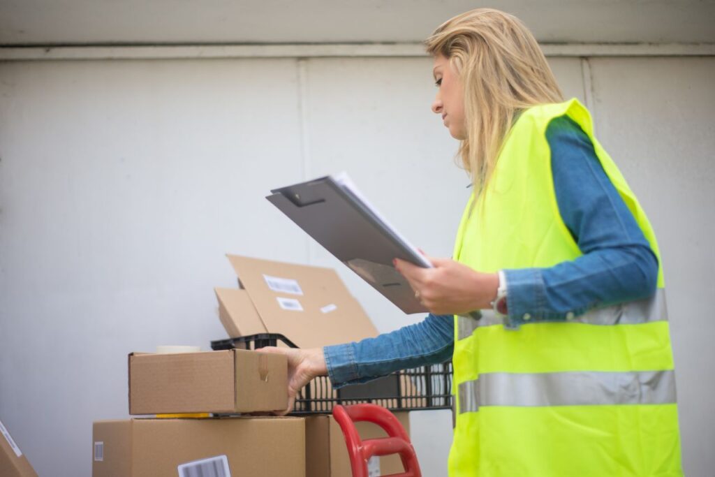 pexels-photo-7843976-7843976 Woman in high-visibility vest handling boxes for delivery service inside a warehouse setting.