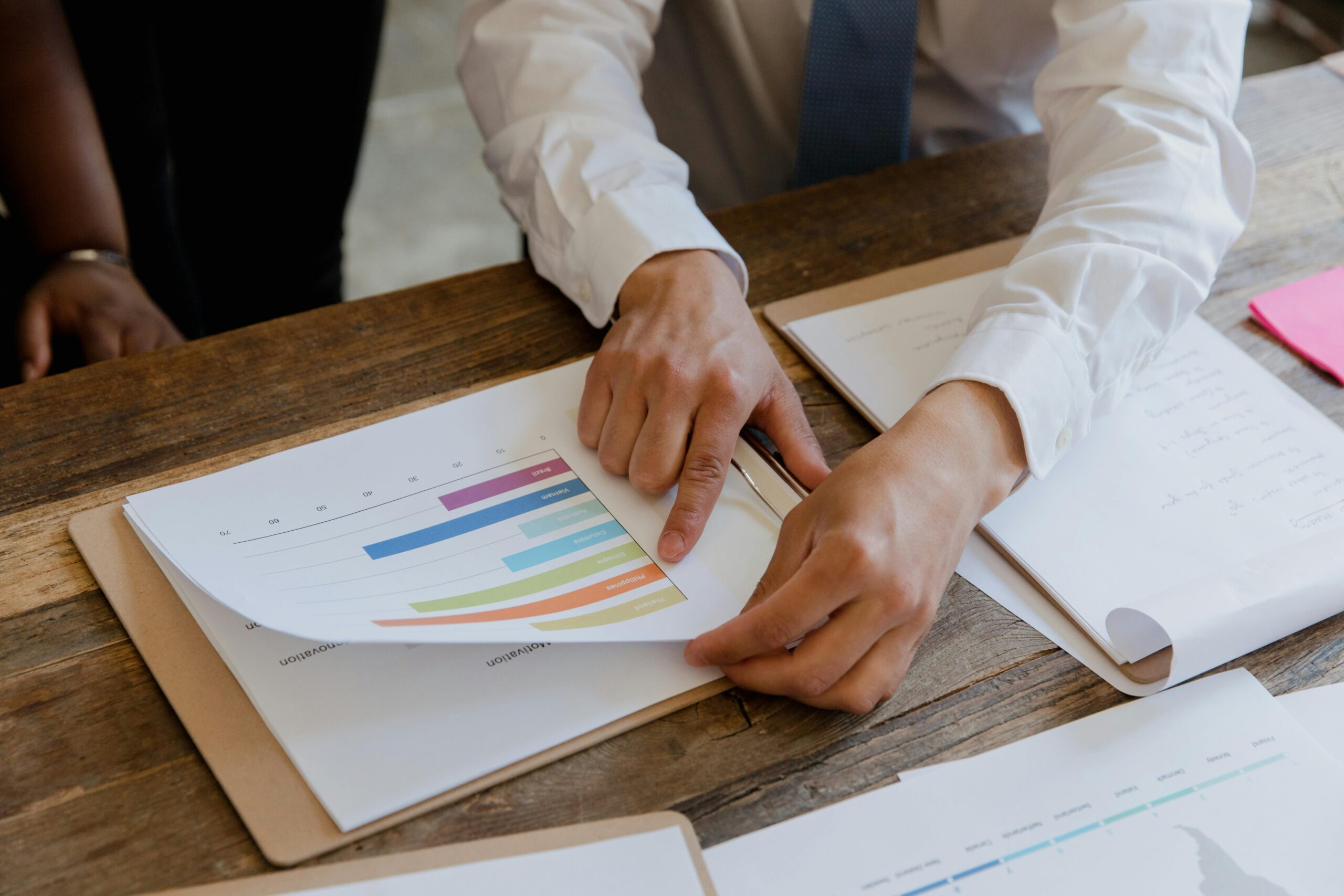 pexels-photo-9034783-9034783 Professional setting with hands pointing at a colorful business chart on paper.